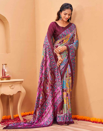 Purple Silk Printed Kalamkari Saree