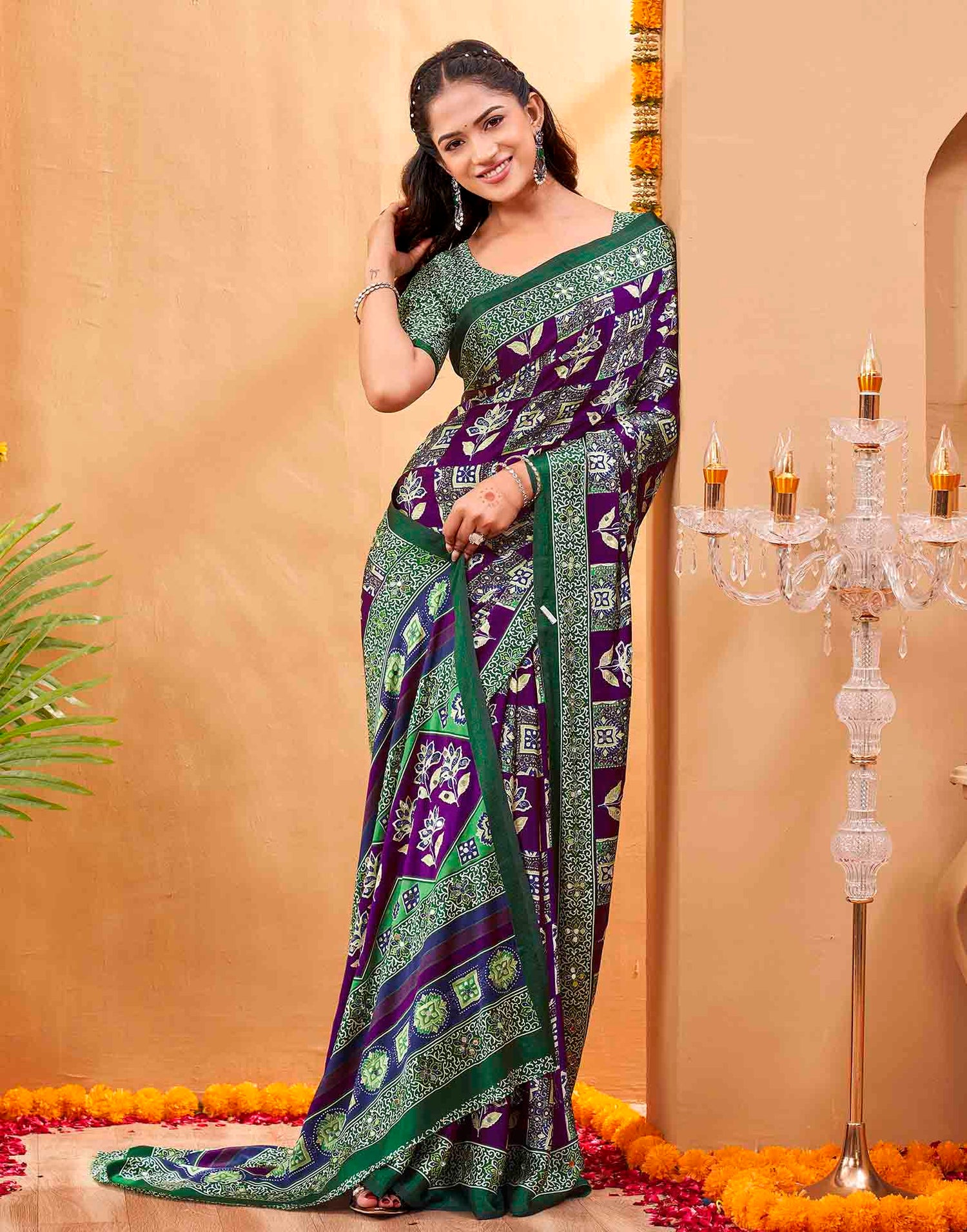 Purple Silk Printed Kalamkari Saree