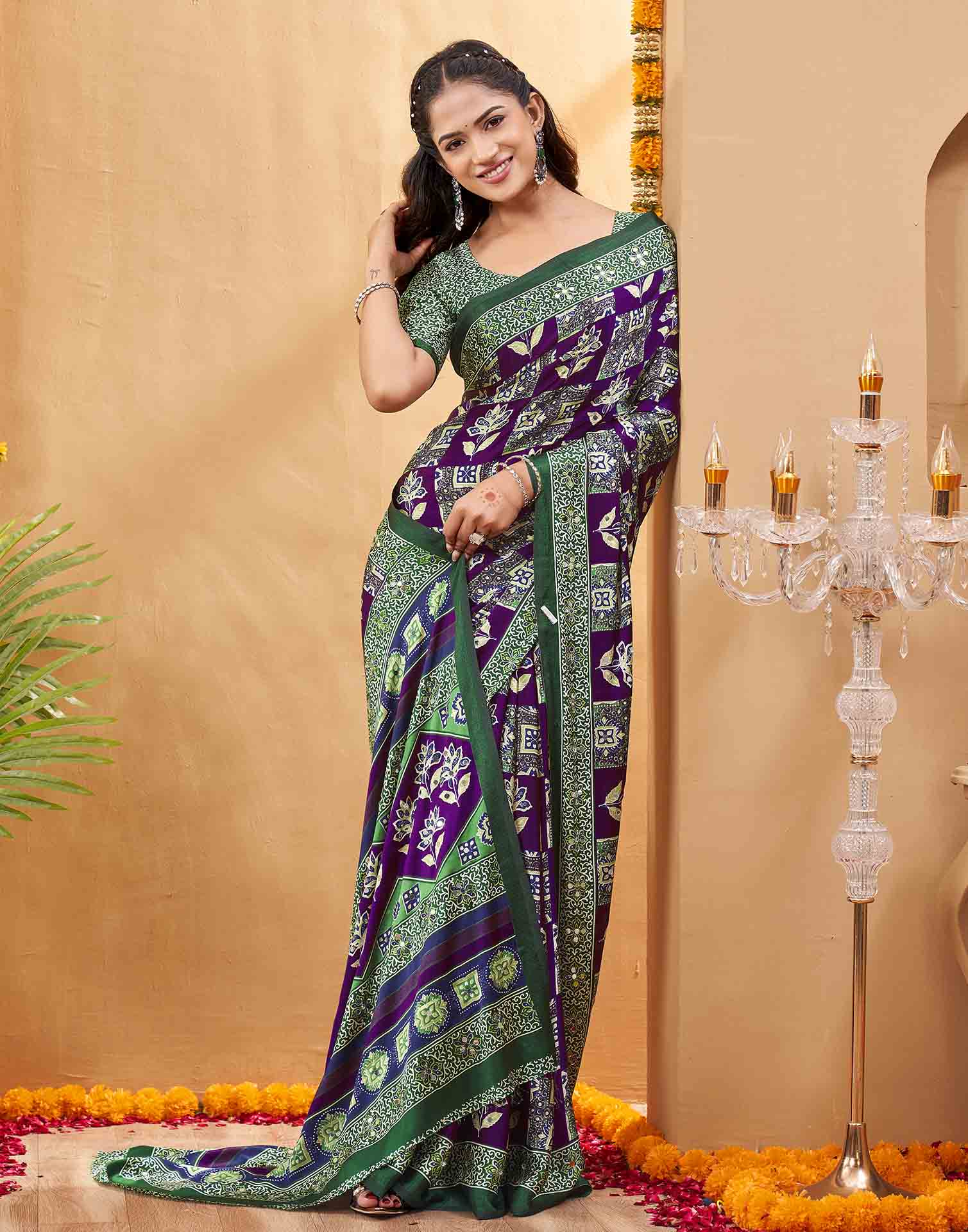 Purple Silk Printed Kalamkari Saree