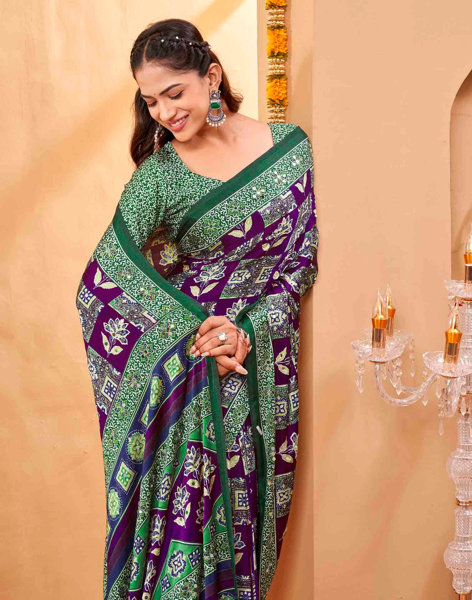 Purple Silk Printed Kalamkari Saree