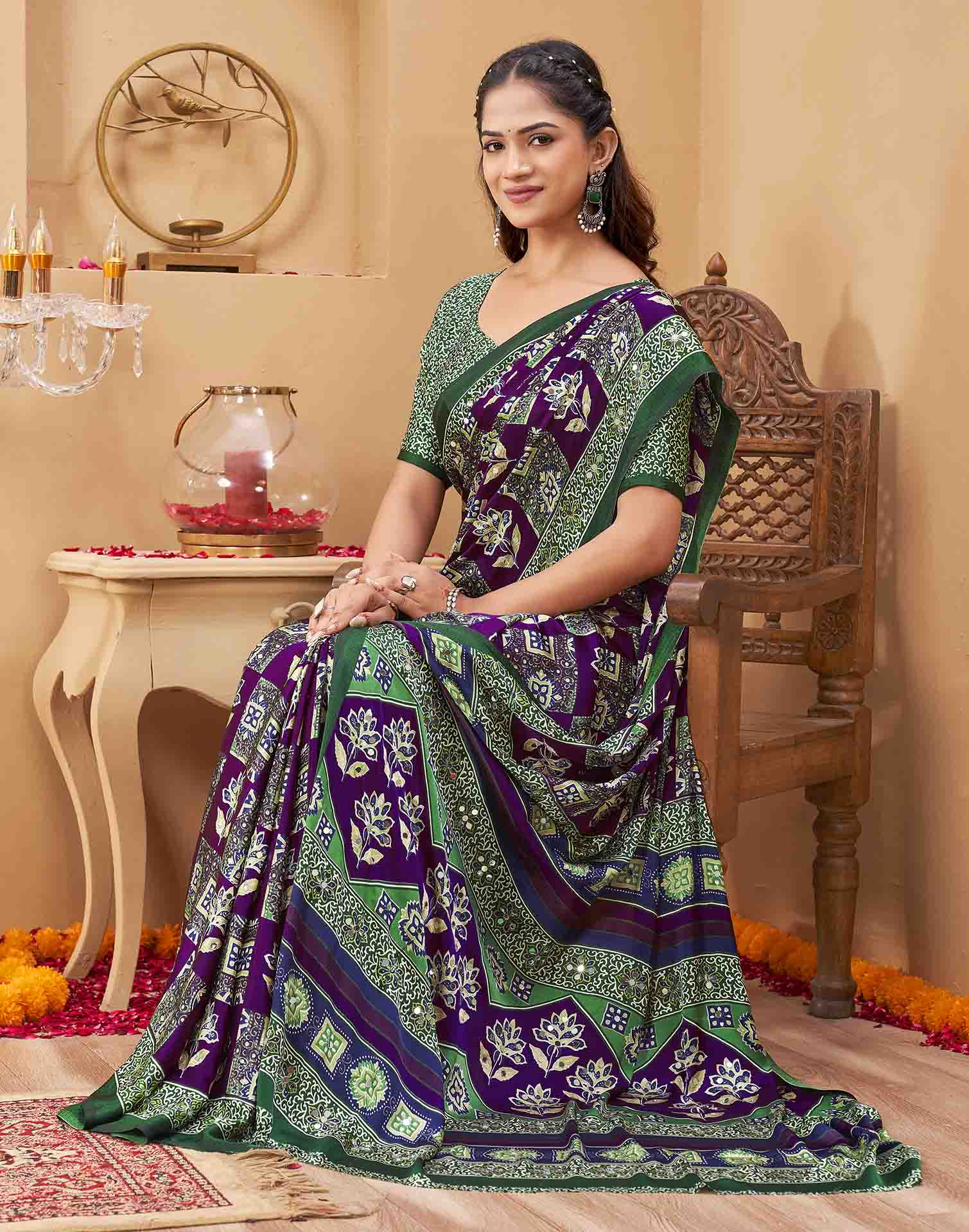 Purple Silk Printed Kalamkari Saree