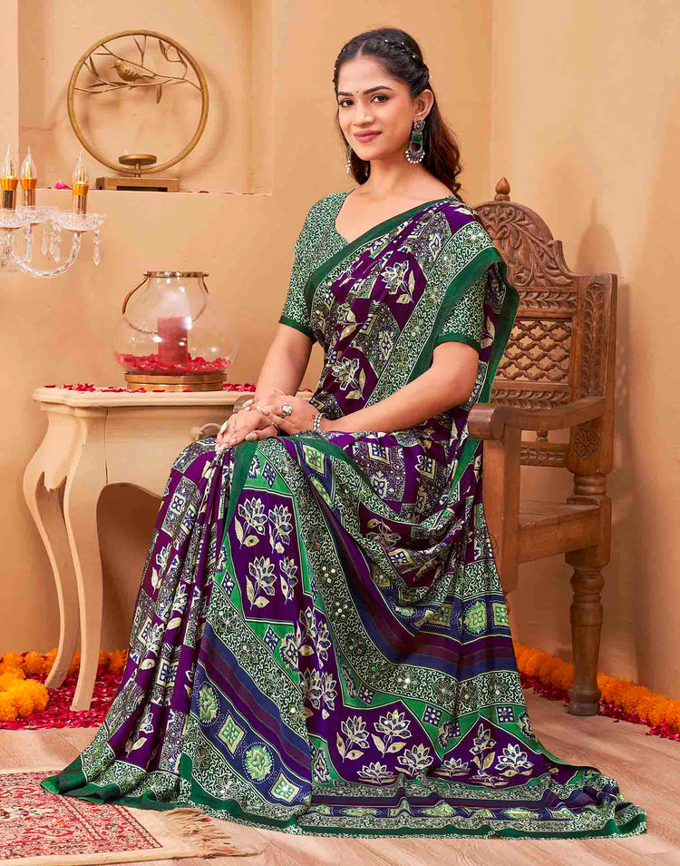Mirror Purple Silk Printed Ajrakh Saree
