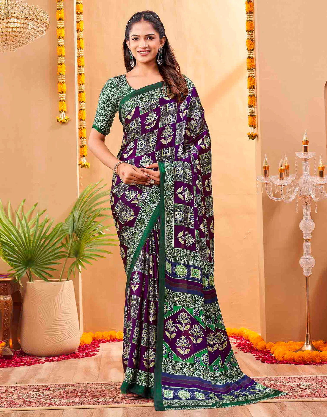 Purple Silk Printed Kalamkari Saree