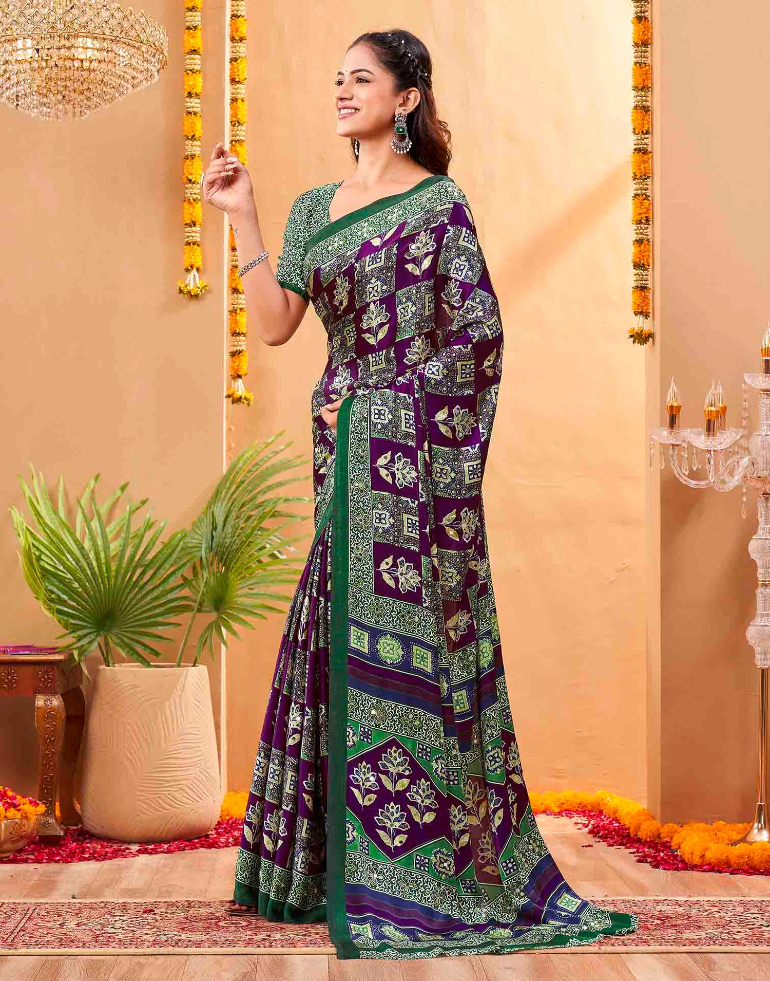 Purple Silk Printed Kalamkari Saree