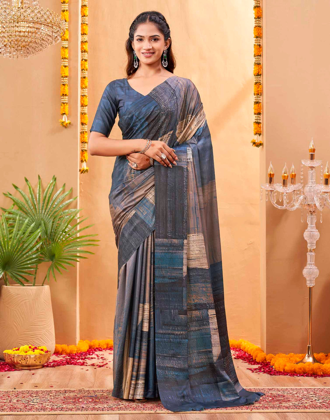 Grey Silk Printed Printed Saree