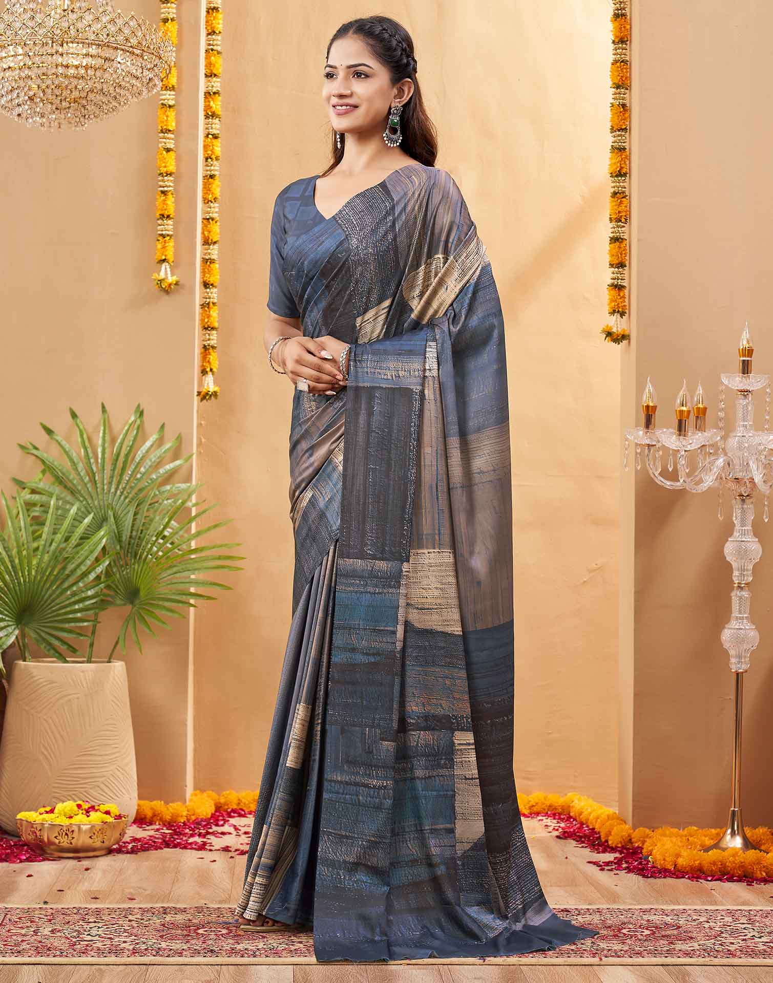 Grey Silk Printed Printed Saree