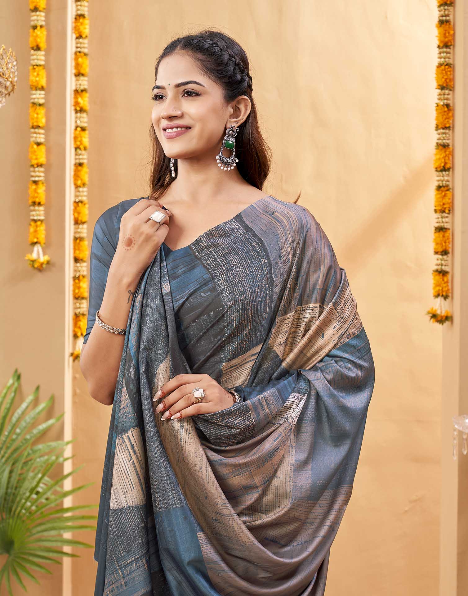 Grey Silk Printed Printed Saree