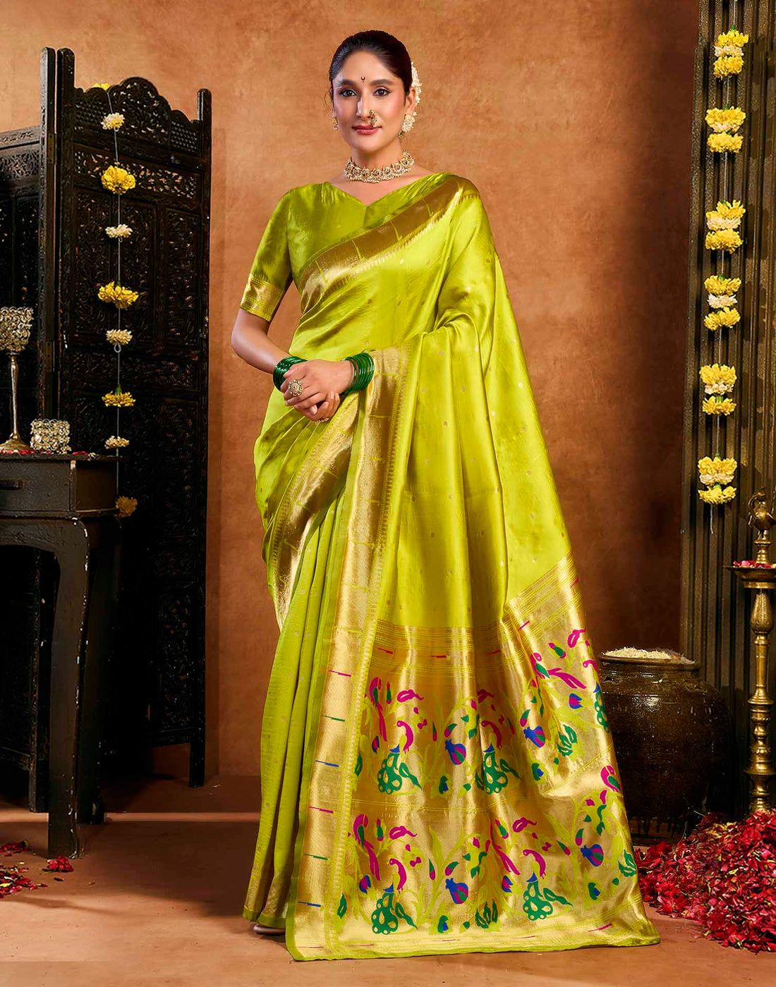 Lime Green Silk Woven Paithani Saree