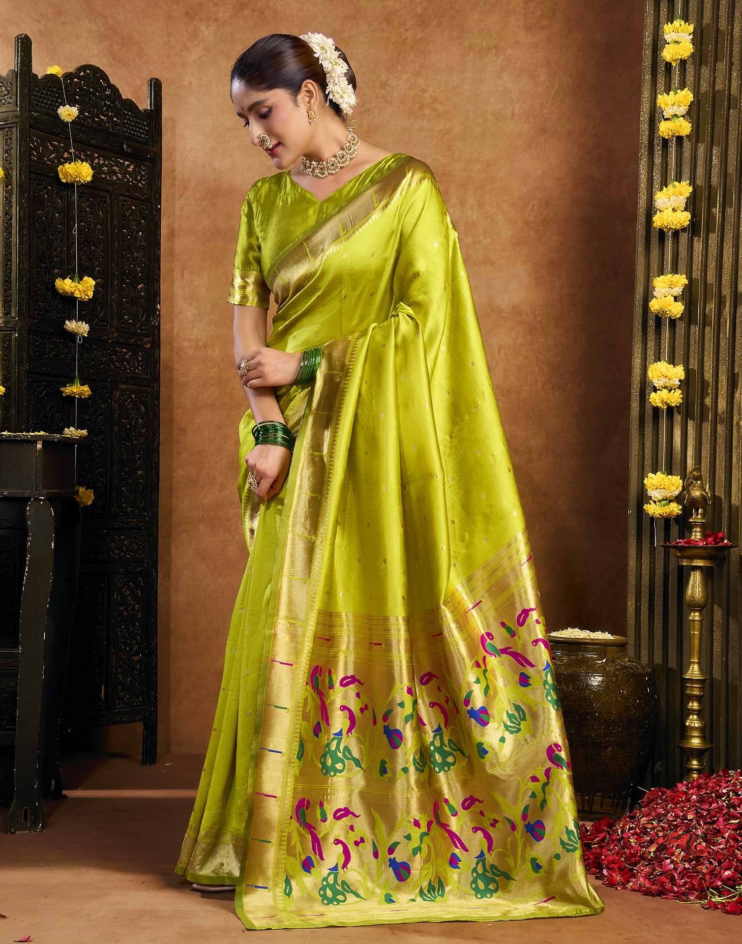 Lime Green Silk Woven Paithani Saree