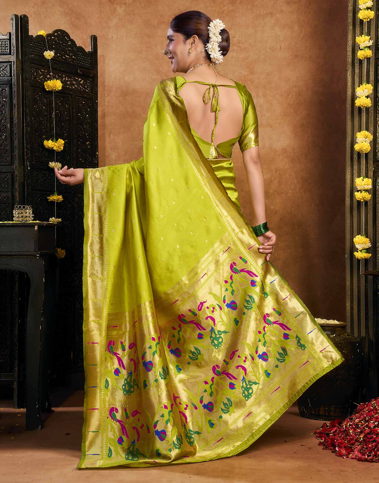 Lime Green Silk Woven Paithani Saree