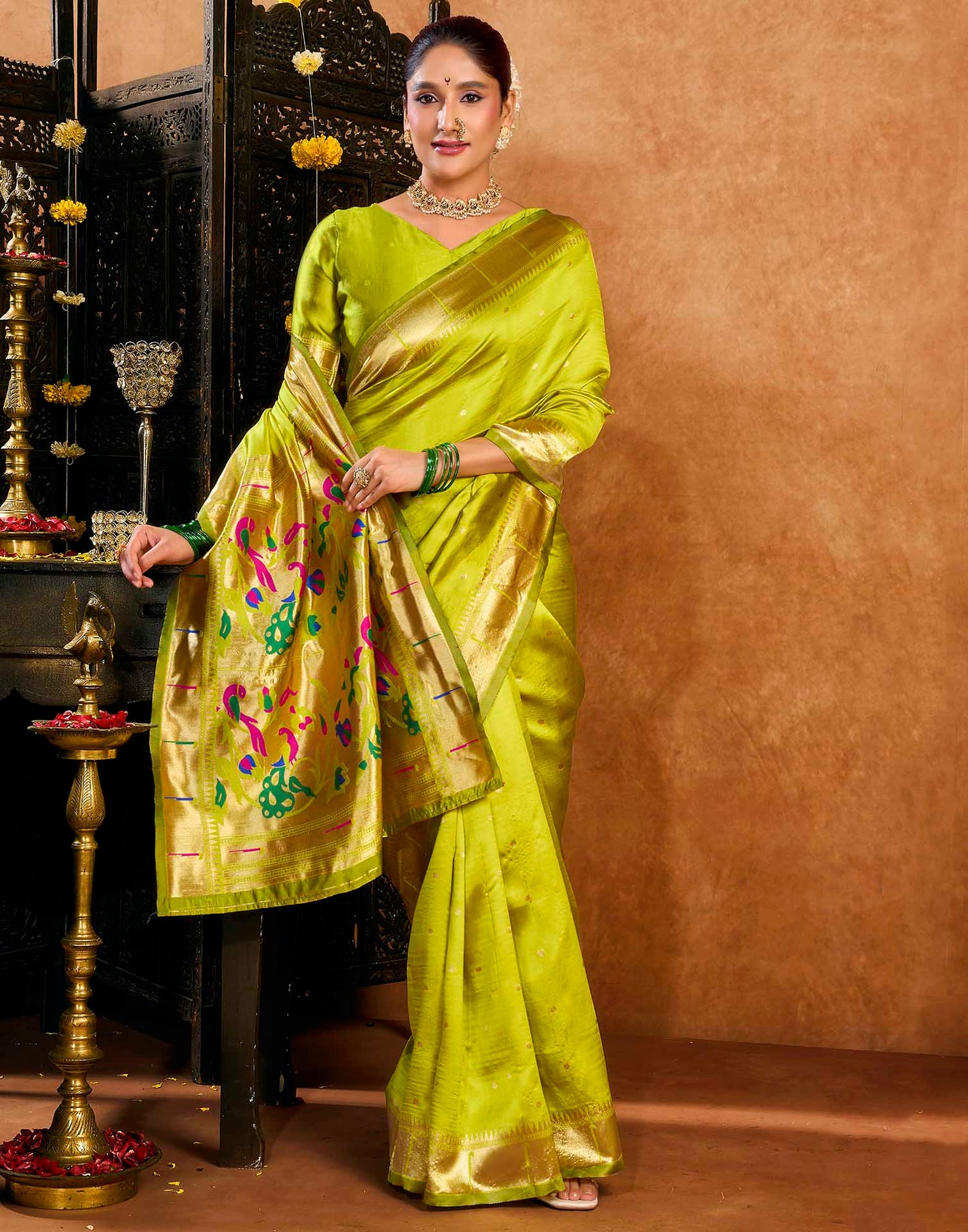 Lime Green Silk Woven Paithani Saree