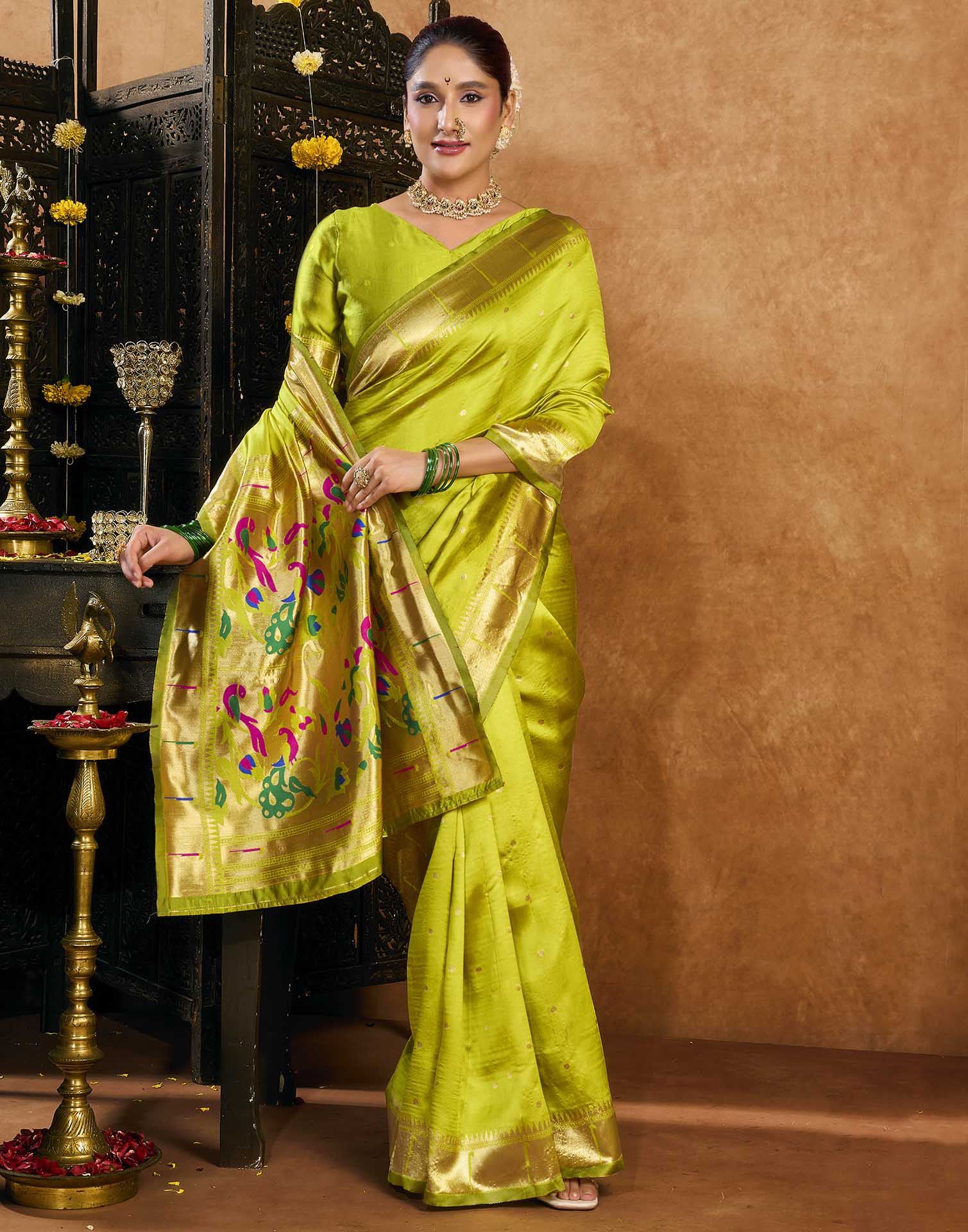 Lime Green Silk Woven Paithani Saree