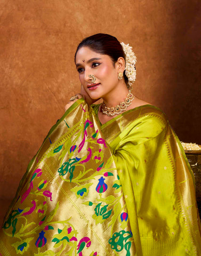 Lime Green Silk Woven Paithani Saree