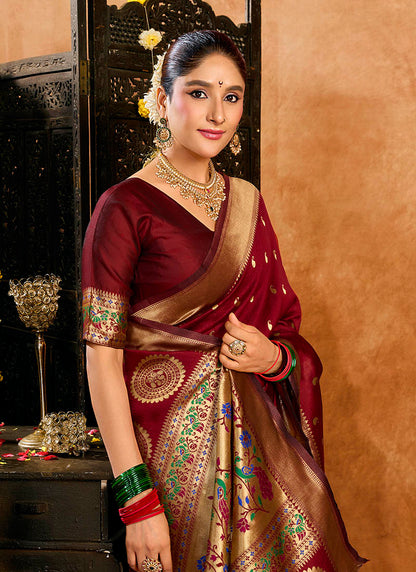 Maroon Silk Woven Paithani Saree