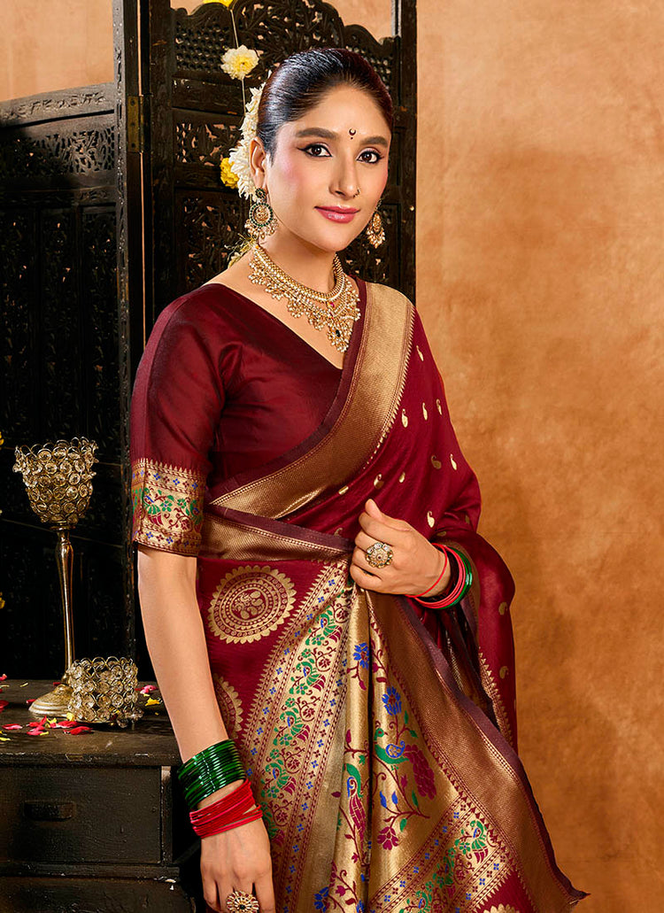 Maroon Silk Woven Paithani Saree