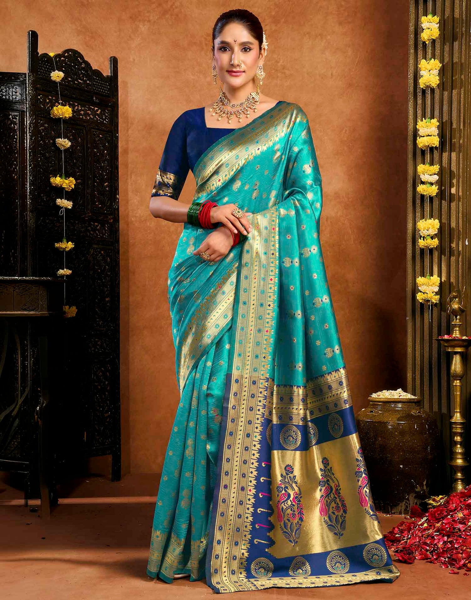 Teal Blue Silk Woven Paithani Saree