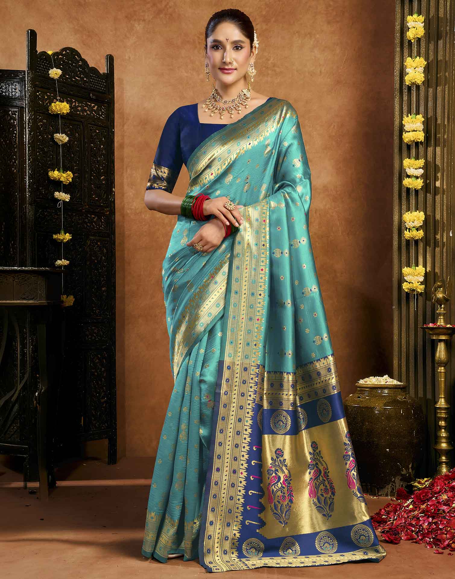 Teal Blue Silk Woven Paithani Saree