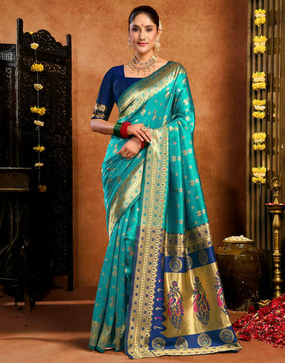 Teal Blue Silk Woven Paithani Saree