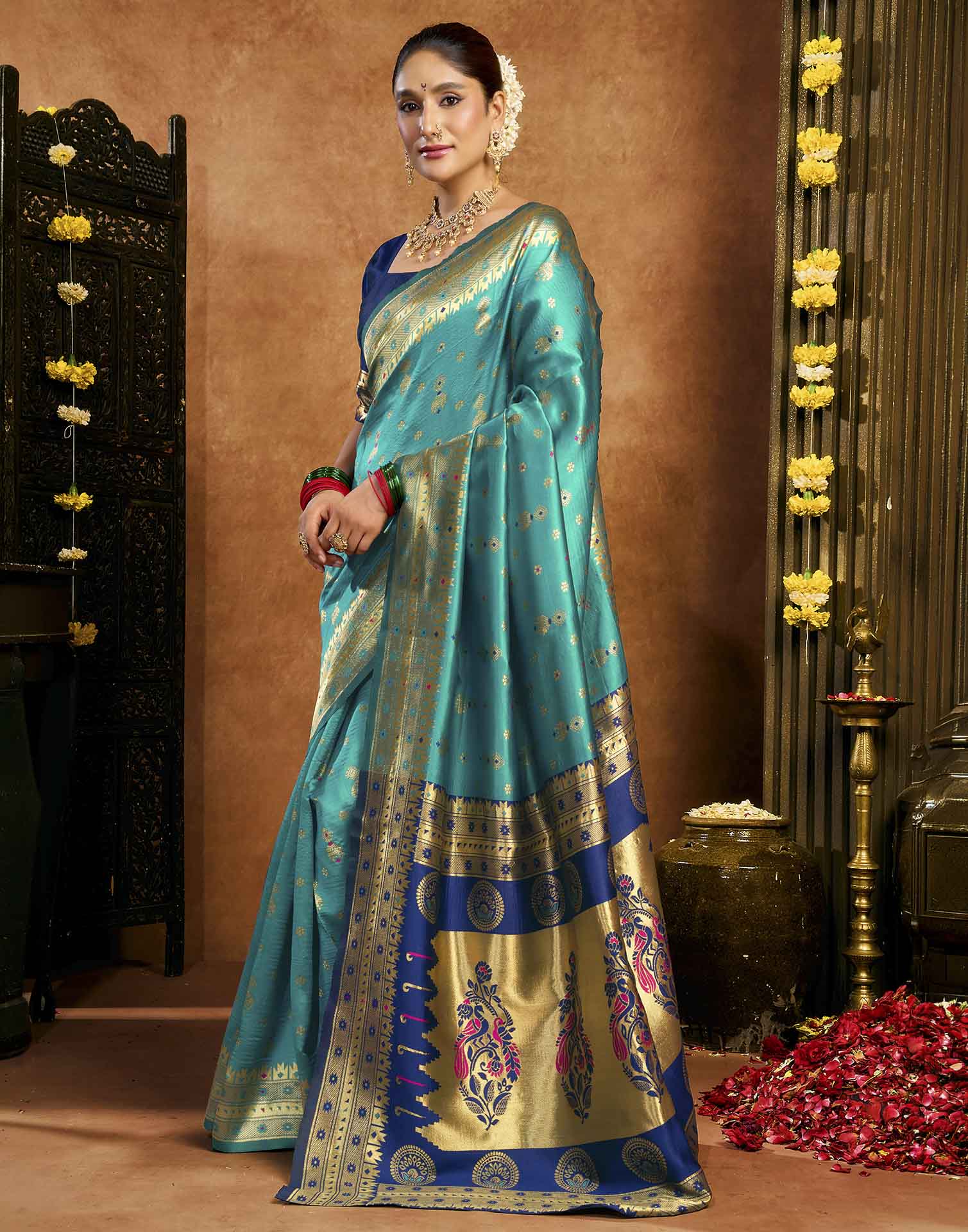 Teal Blue Silk Woven Paithani Saree