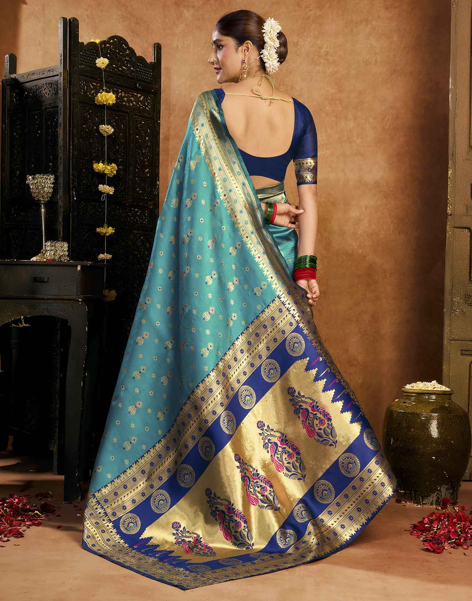 Teal Blue Silk Woven Paithani Saree