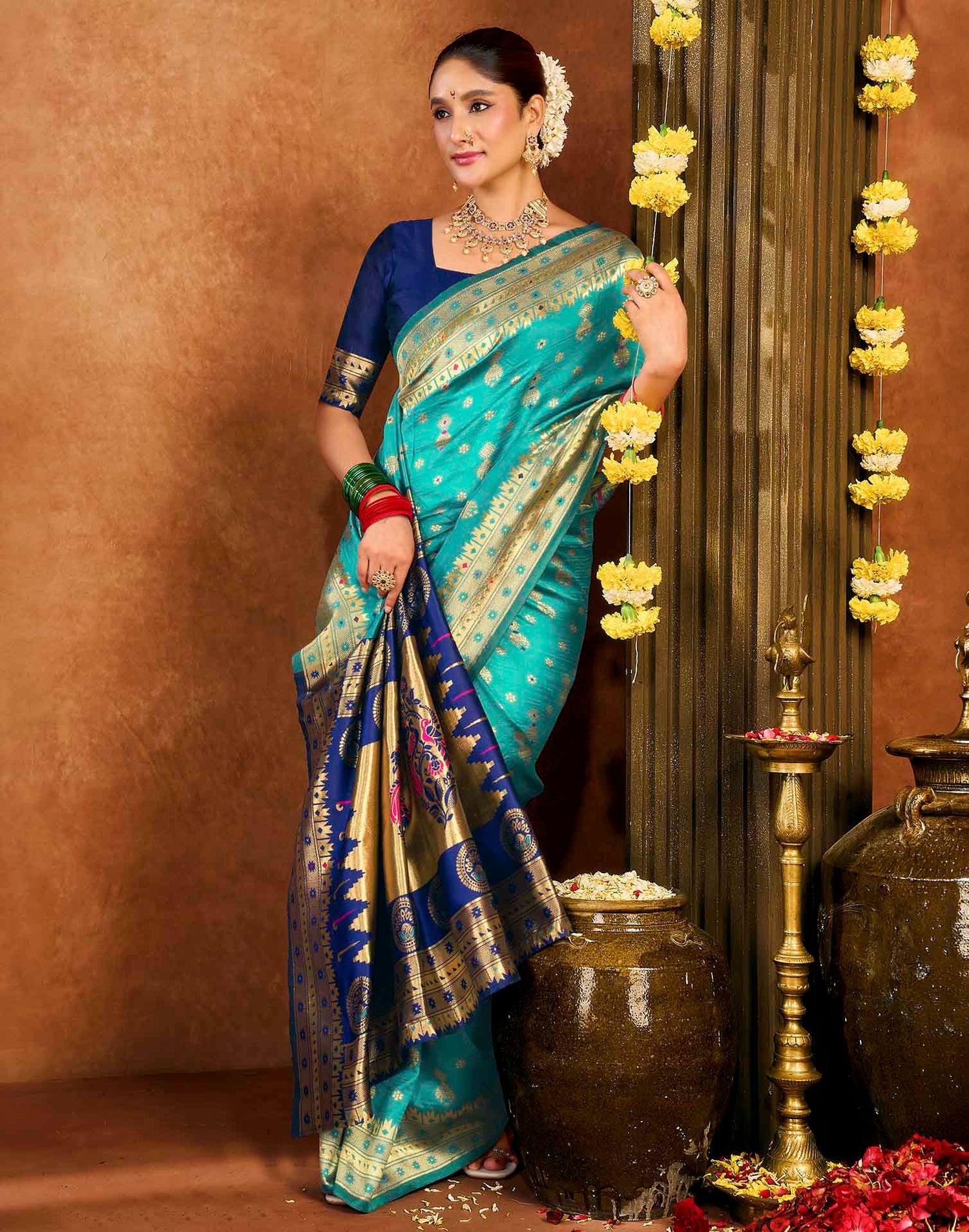 Teal Blue Silk Woven Paithani Saree