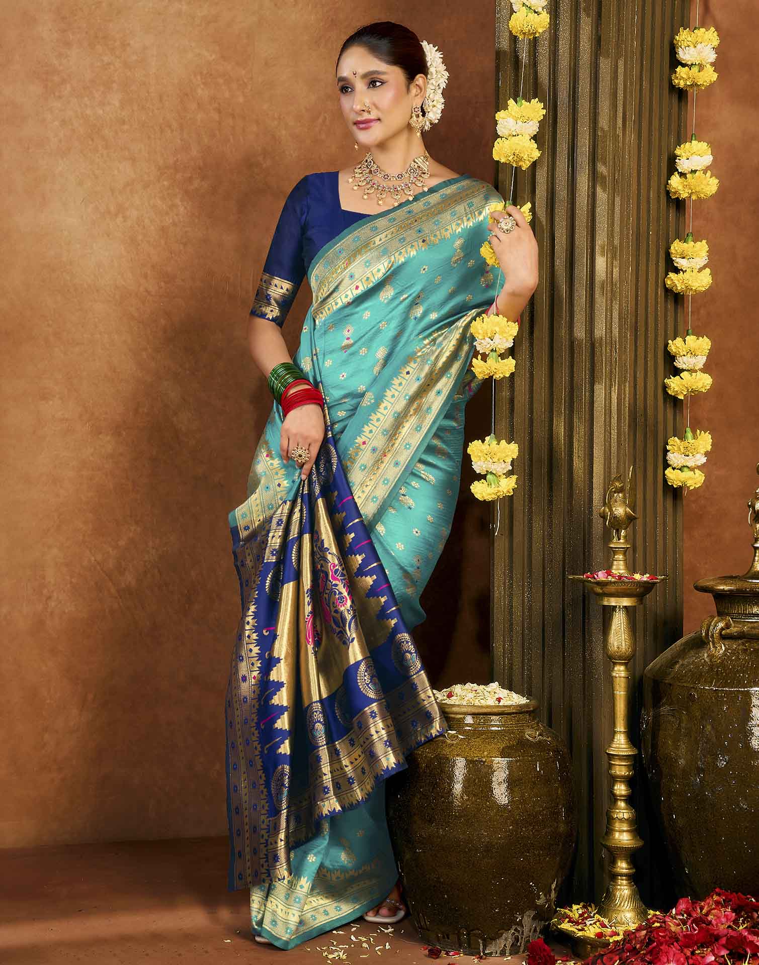 Teal Blue Silk Woven Paithani Saree