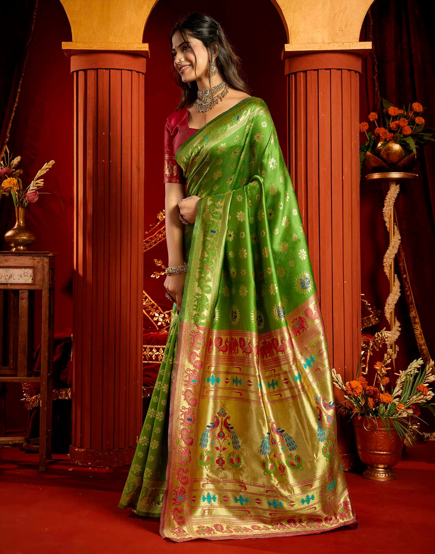 Parrot Green Silk Woven Paithani Saree