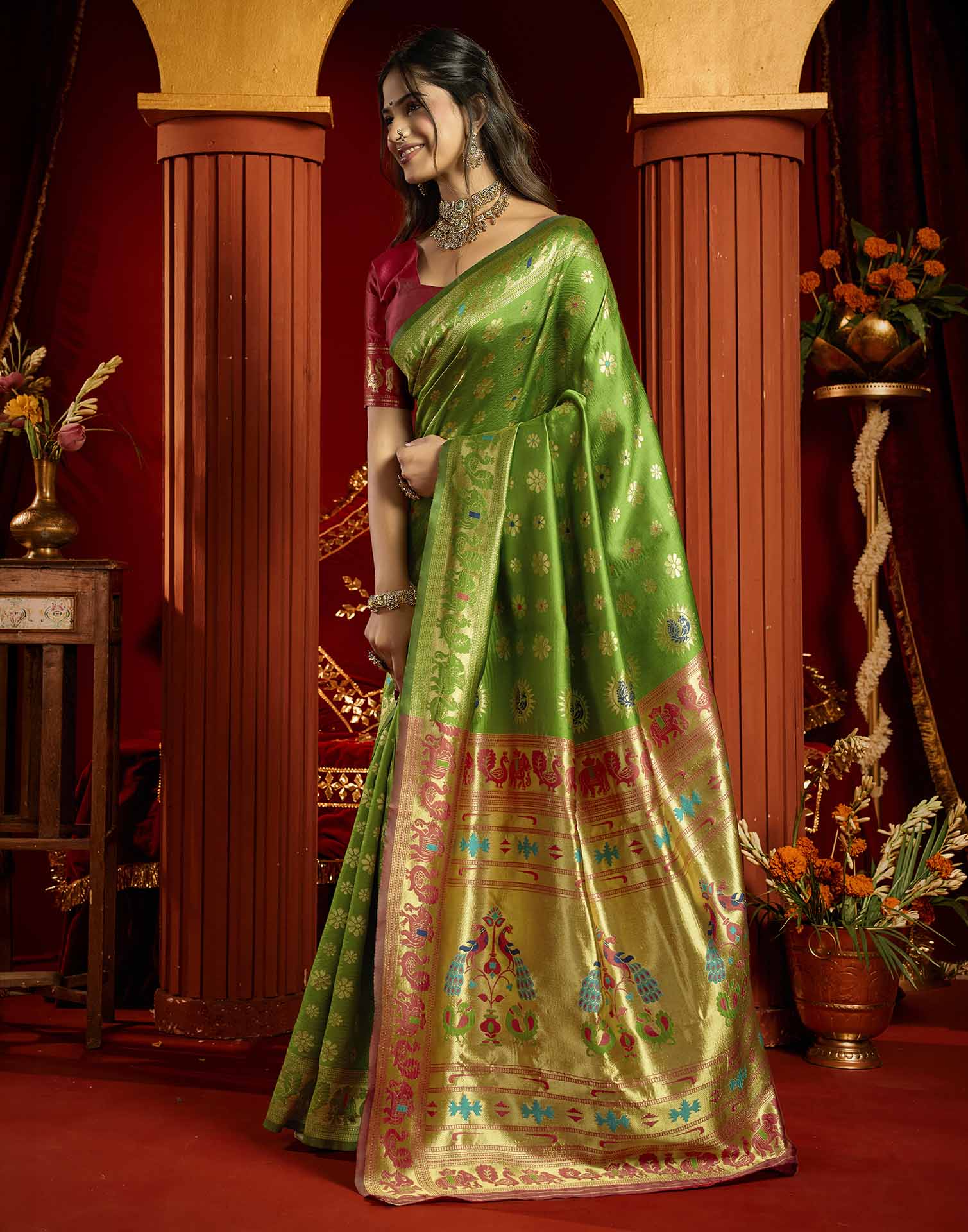 Parrot Green Silk Woven Paithani Saree