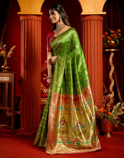 Parrot Green Silk Woven Paithani Saree
