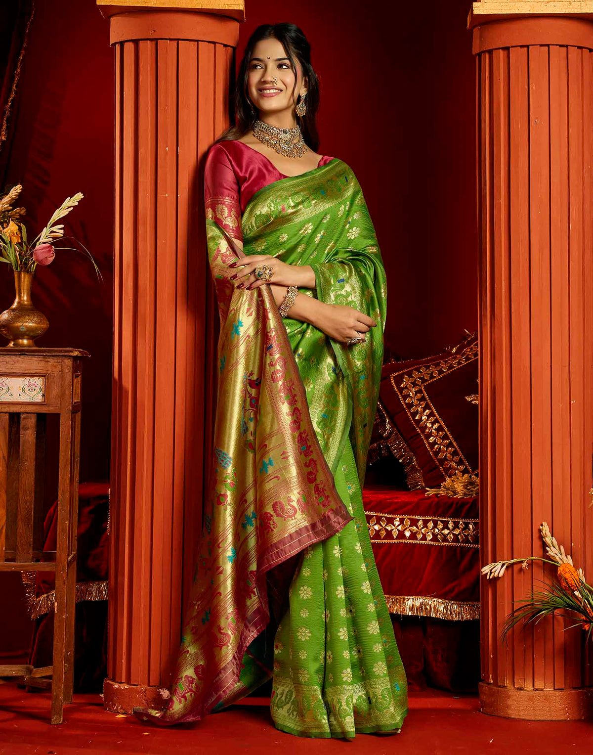 Parrot Green Silk Woven Paithani Saree