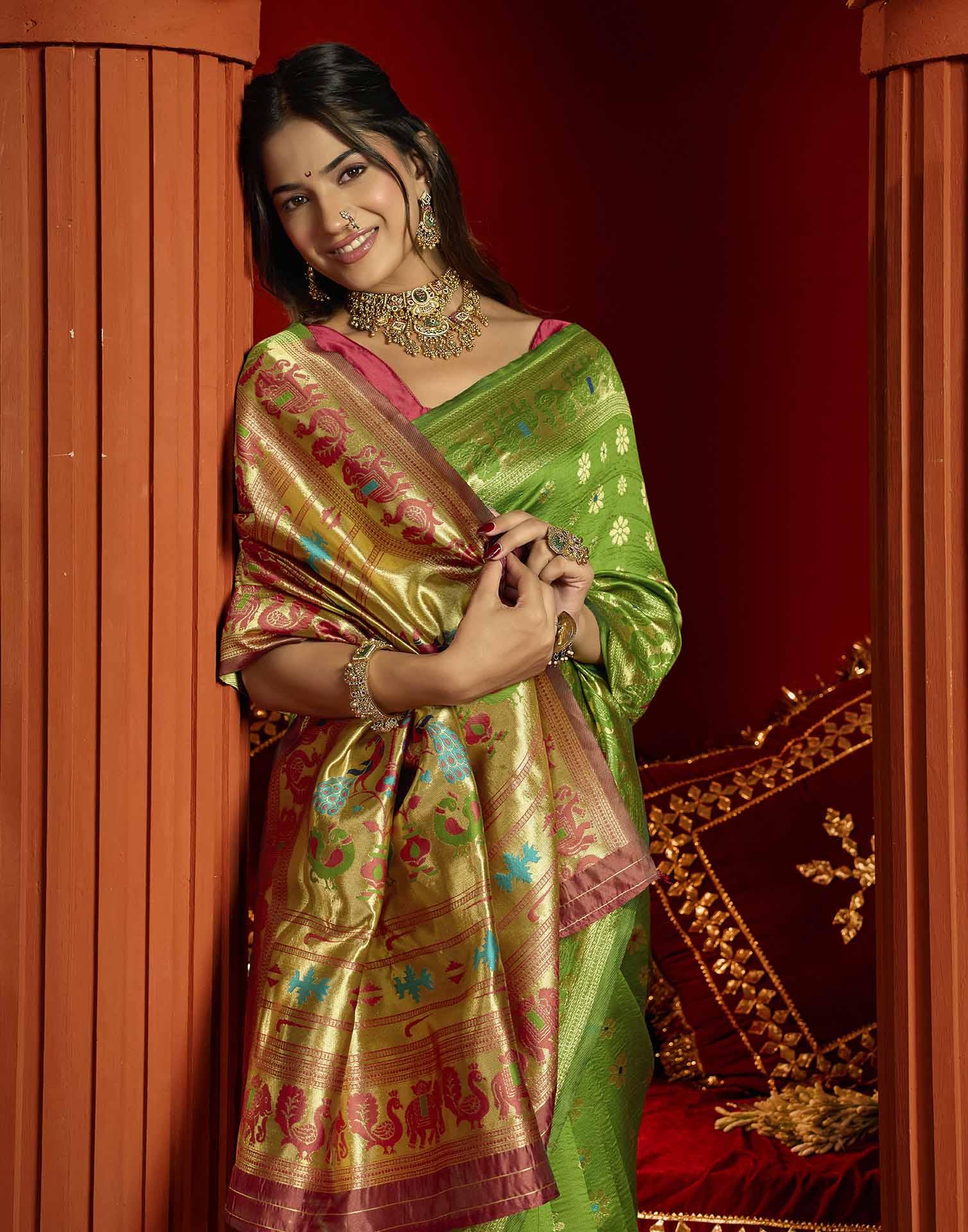 Parrot Green Silk Woven Paithani Saree