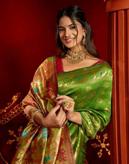 Parrot Green Silk Woven Paithani Saree