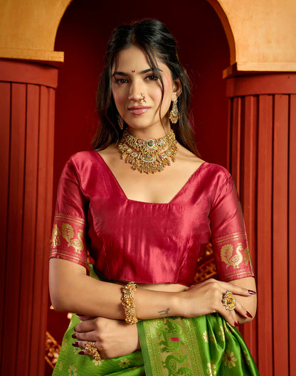 Parrot Green Silk Woven Paithani Saree