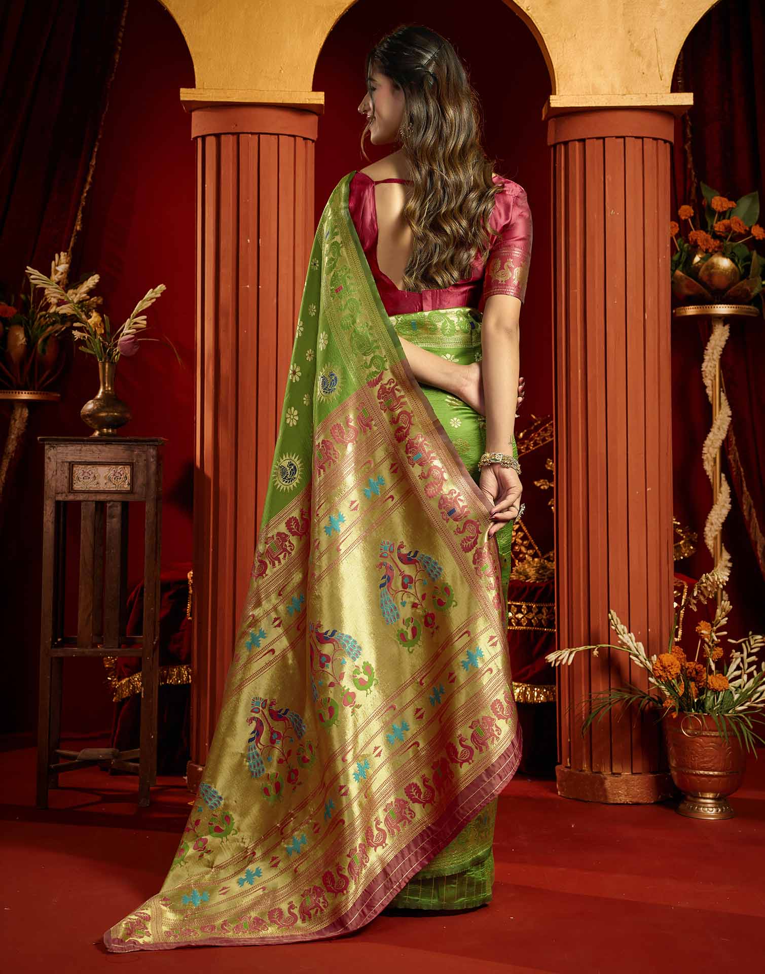 Parrot Green Silk Woven Paithani Saree