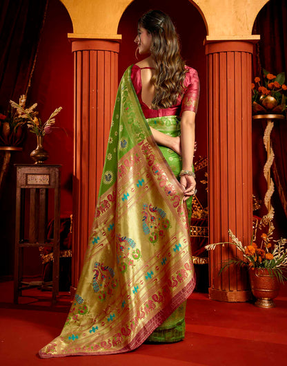 Parrot Green Silk Woven Paithani Saree