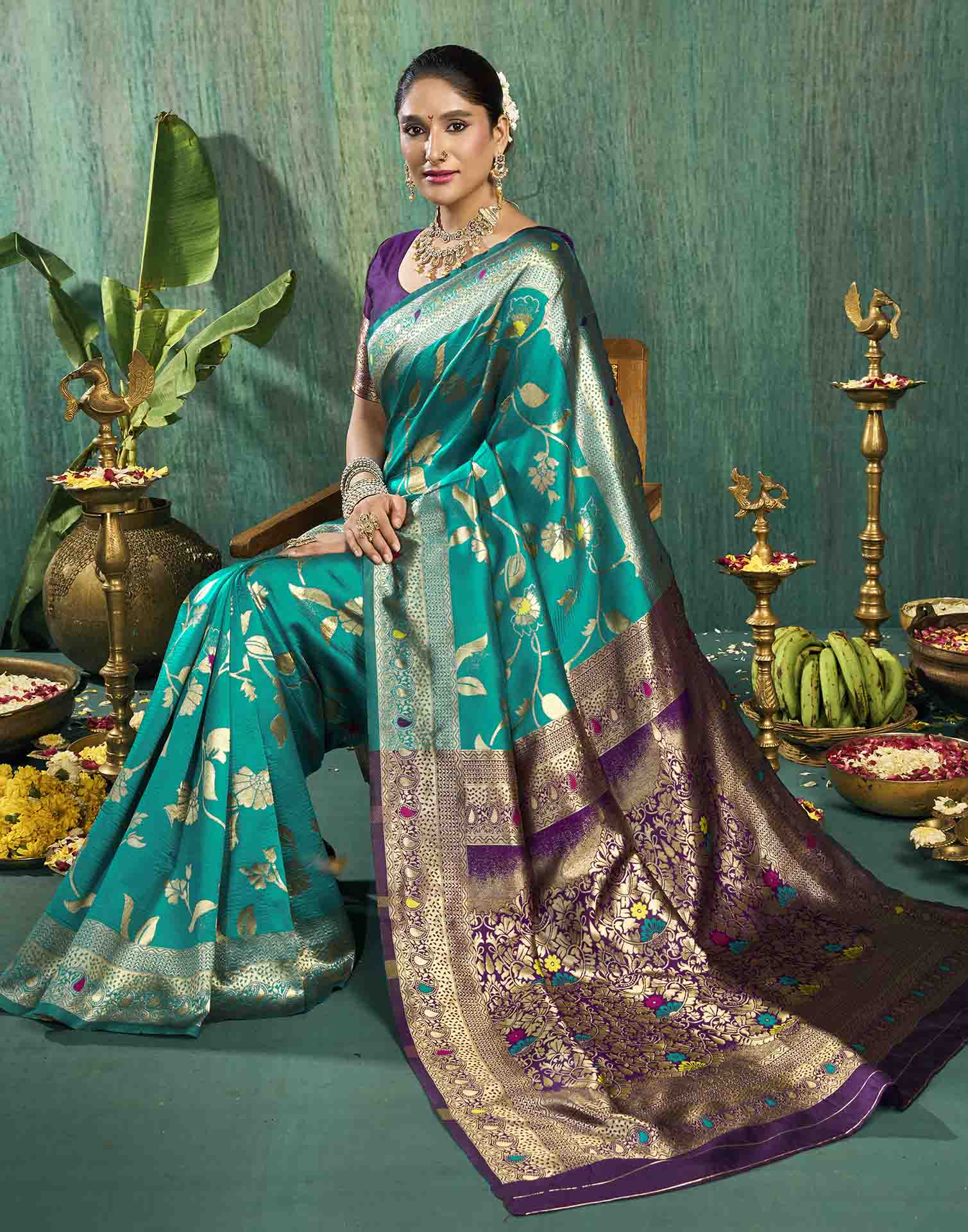 Rama Blue Silk Woven Banarasi Saree