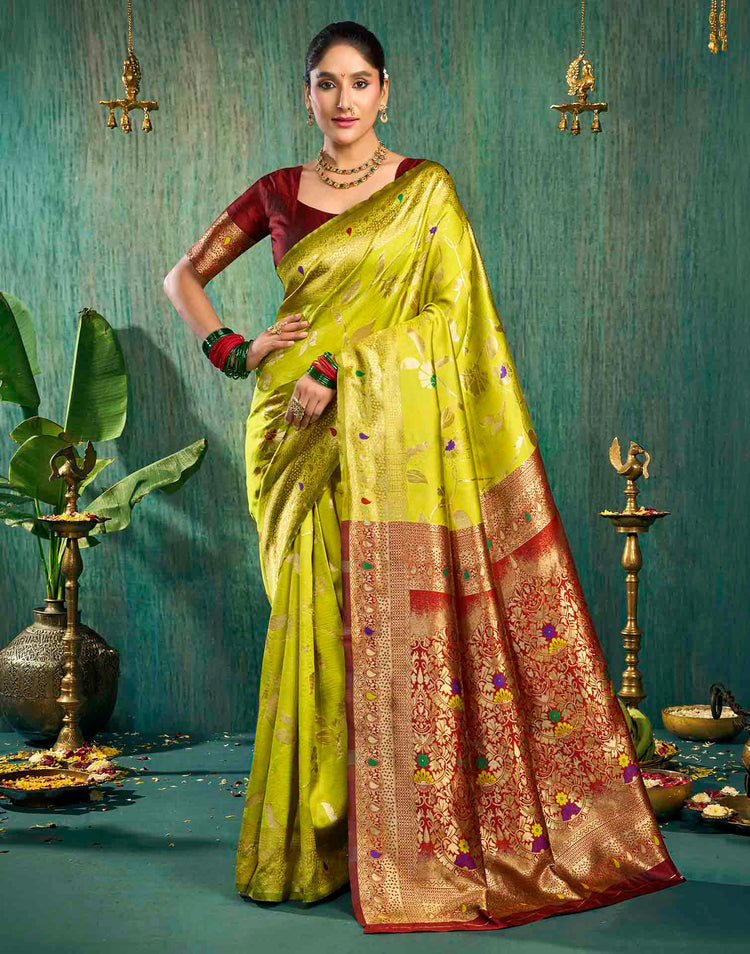 Lime Green Silk Woven Banarasi Saree