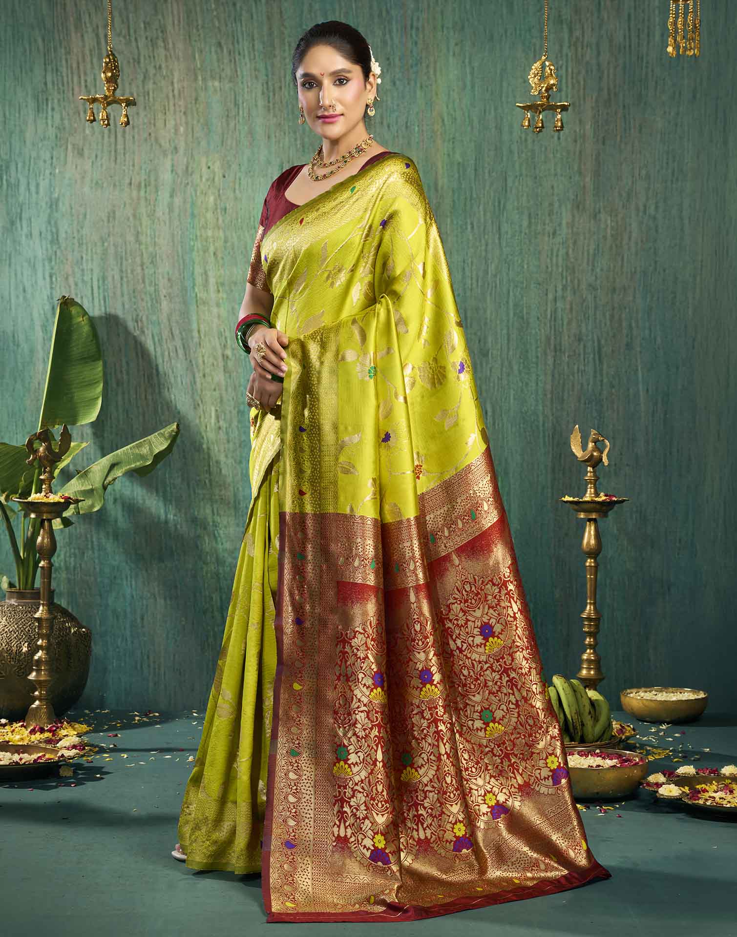 Lime Green Silk Woven Banarasi Saree