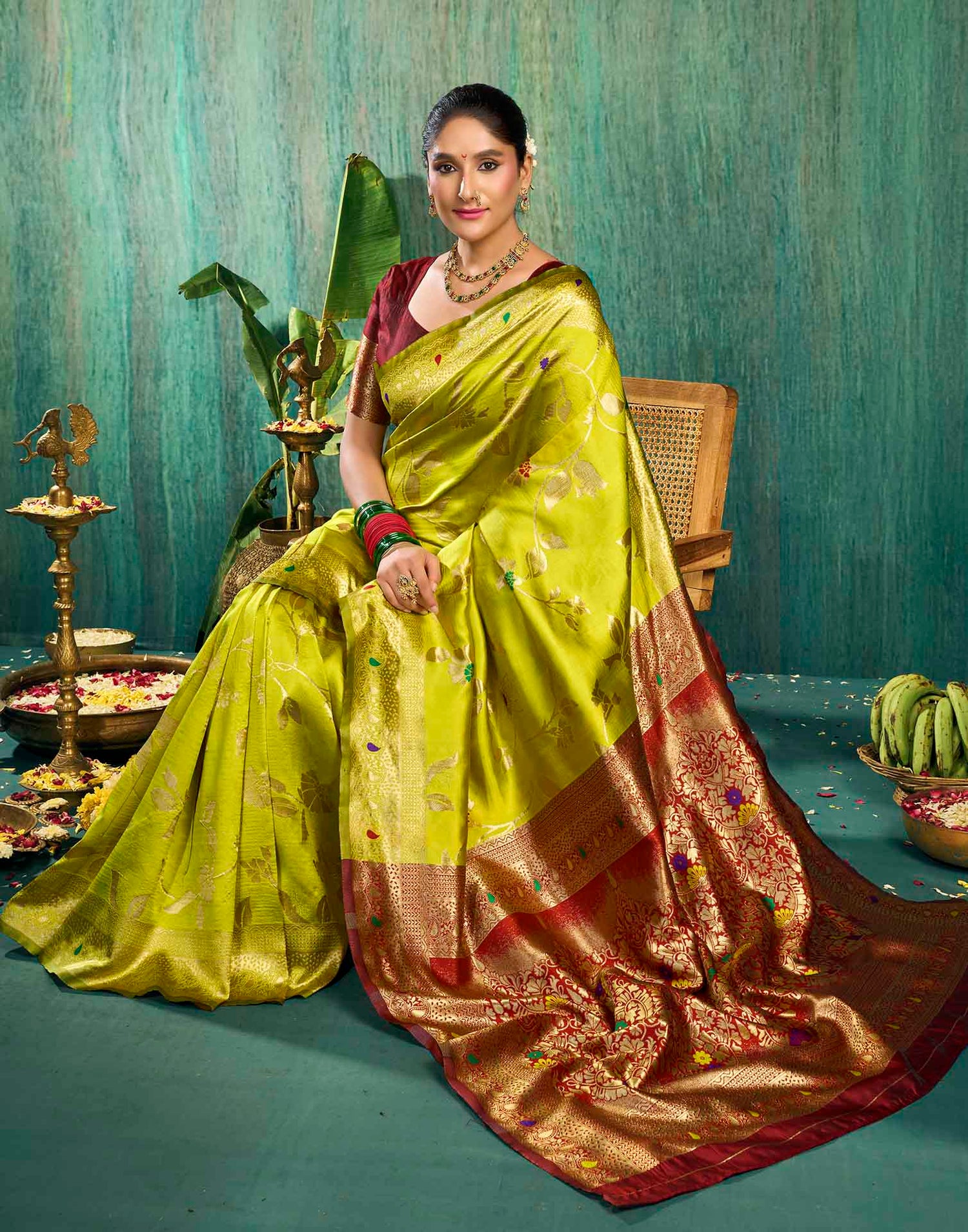 Lime Green Silk Woven Banarasi Saree