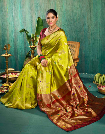 Lime Green Silk Woven Banarasi Saree