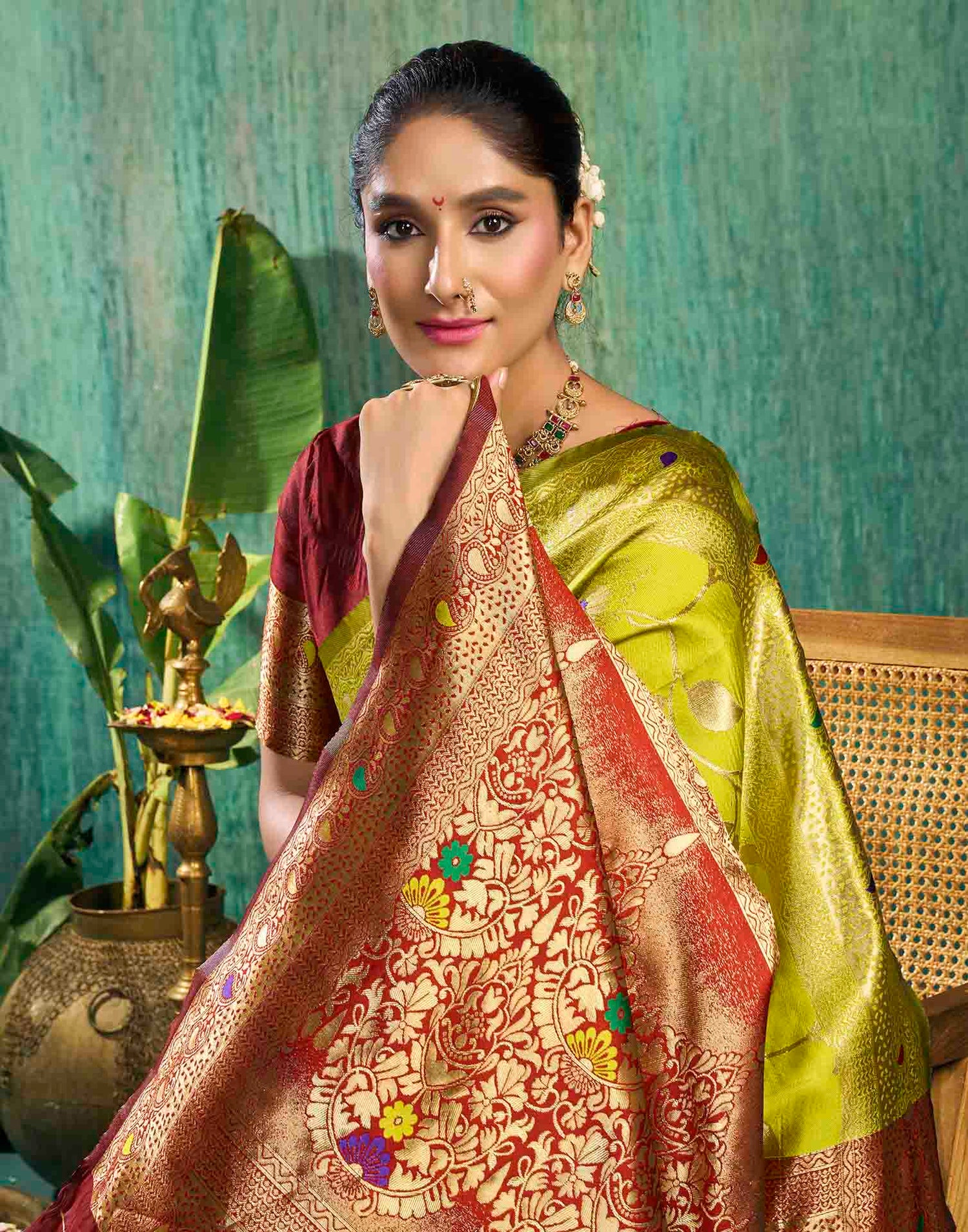 Lime Green Silk Woven Banarasi Saree
