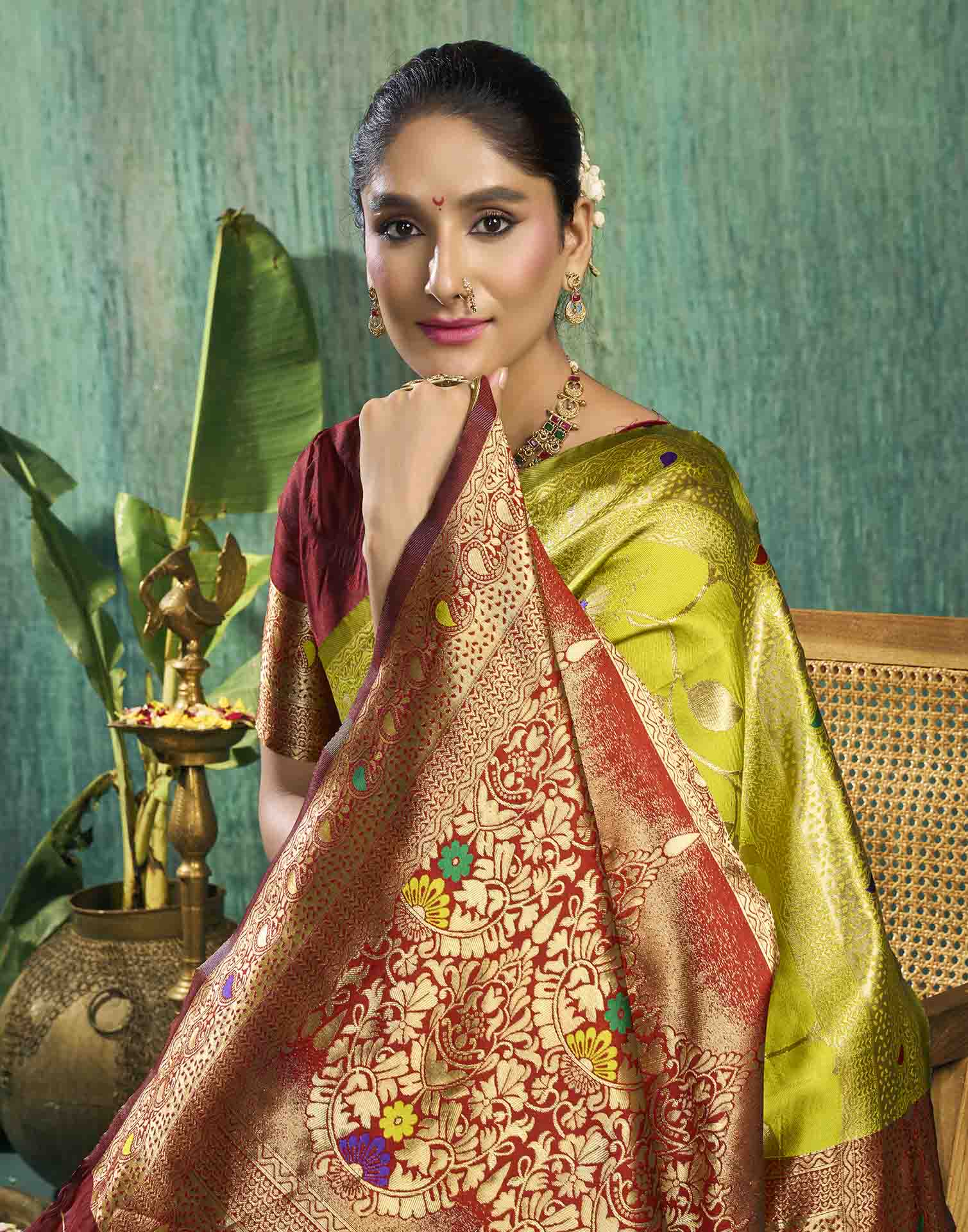 Lime Green Silk Woven Banarasi Saree