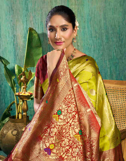 Lime Green Silk Woven Banarasi Saree