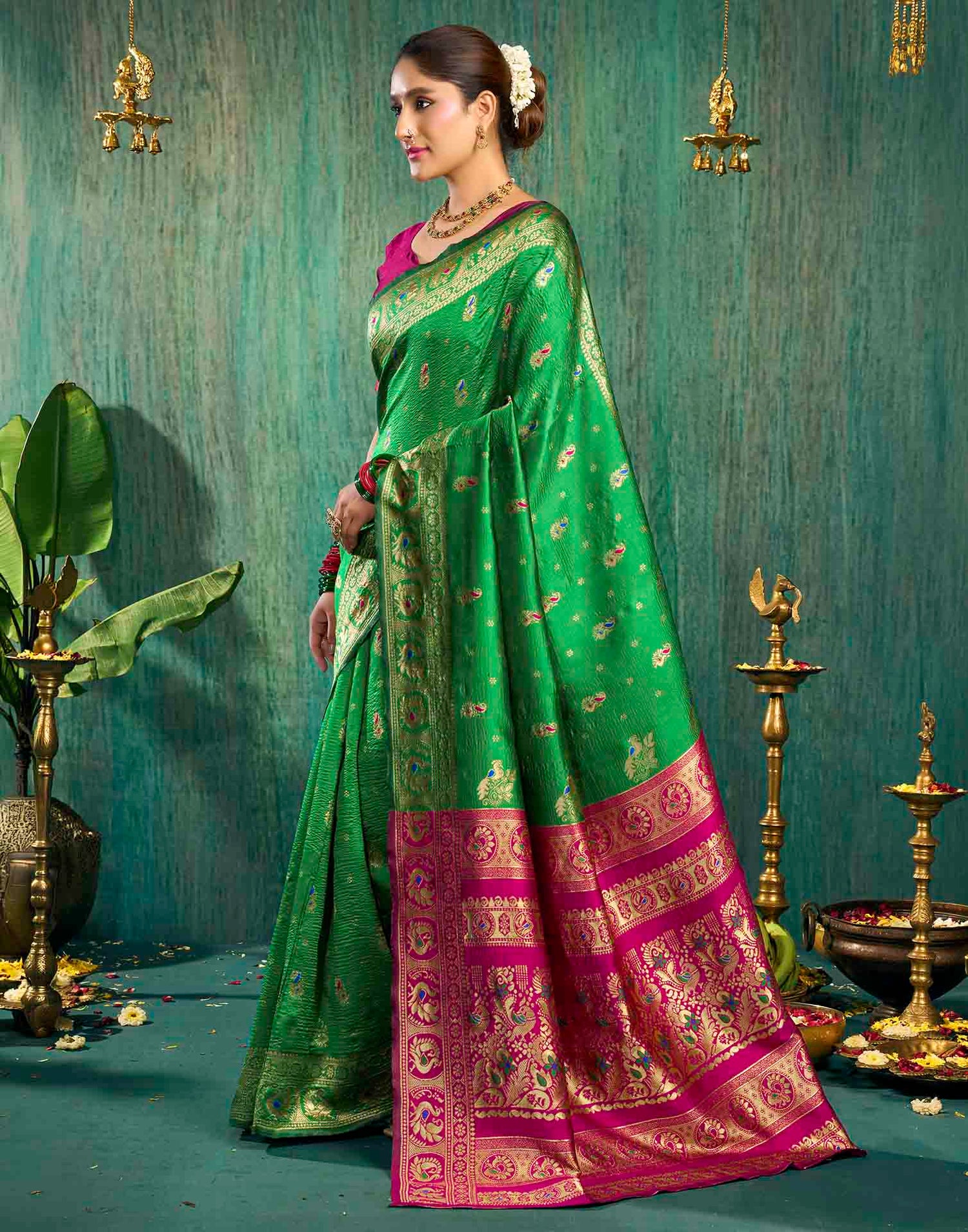 Parrot Green Silk Woven Paithani Saree