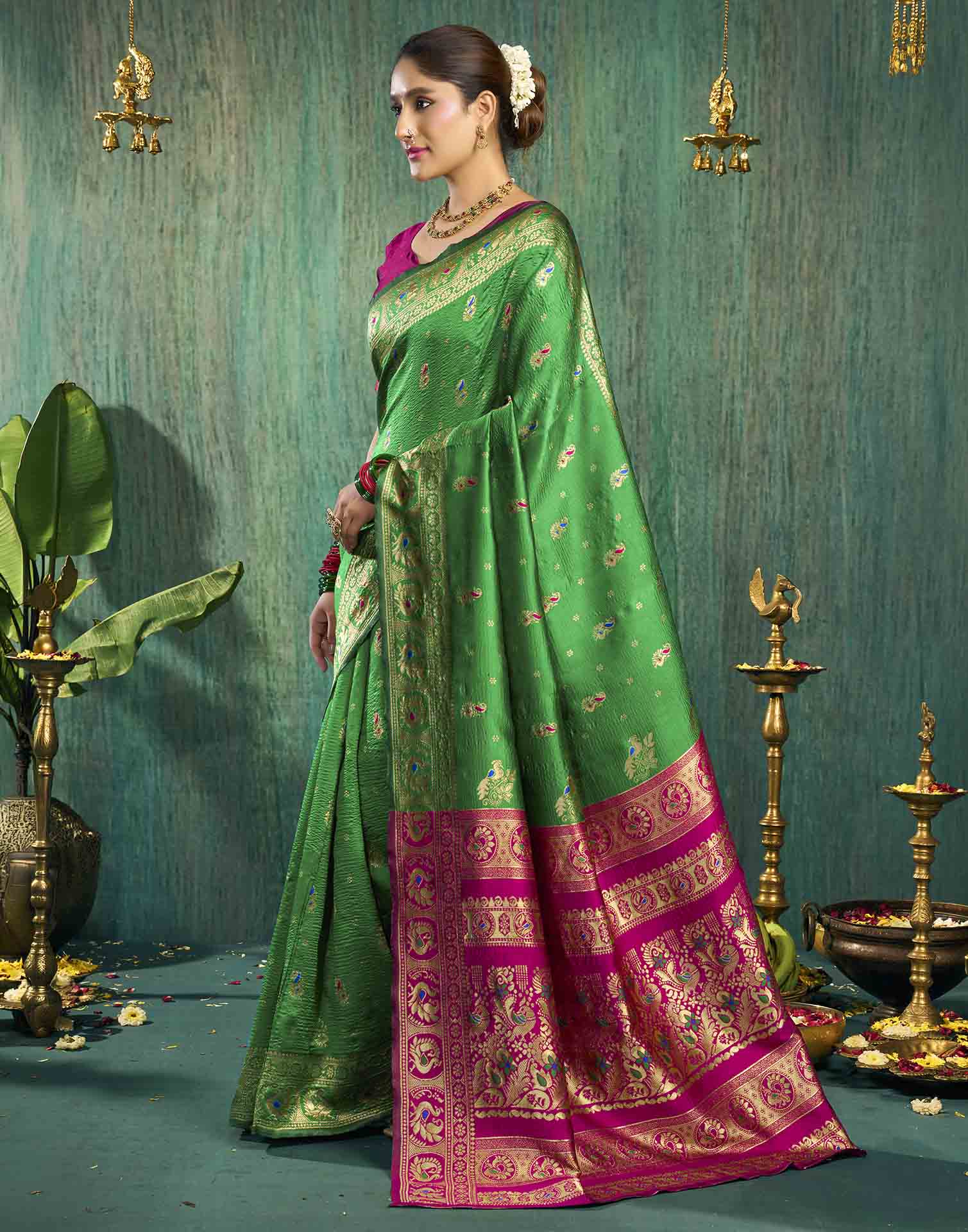 Parrot Green Silk Woven Paithani Saree