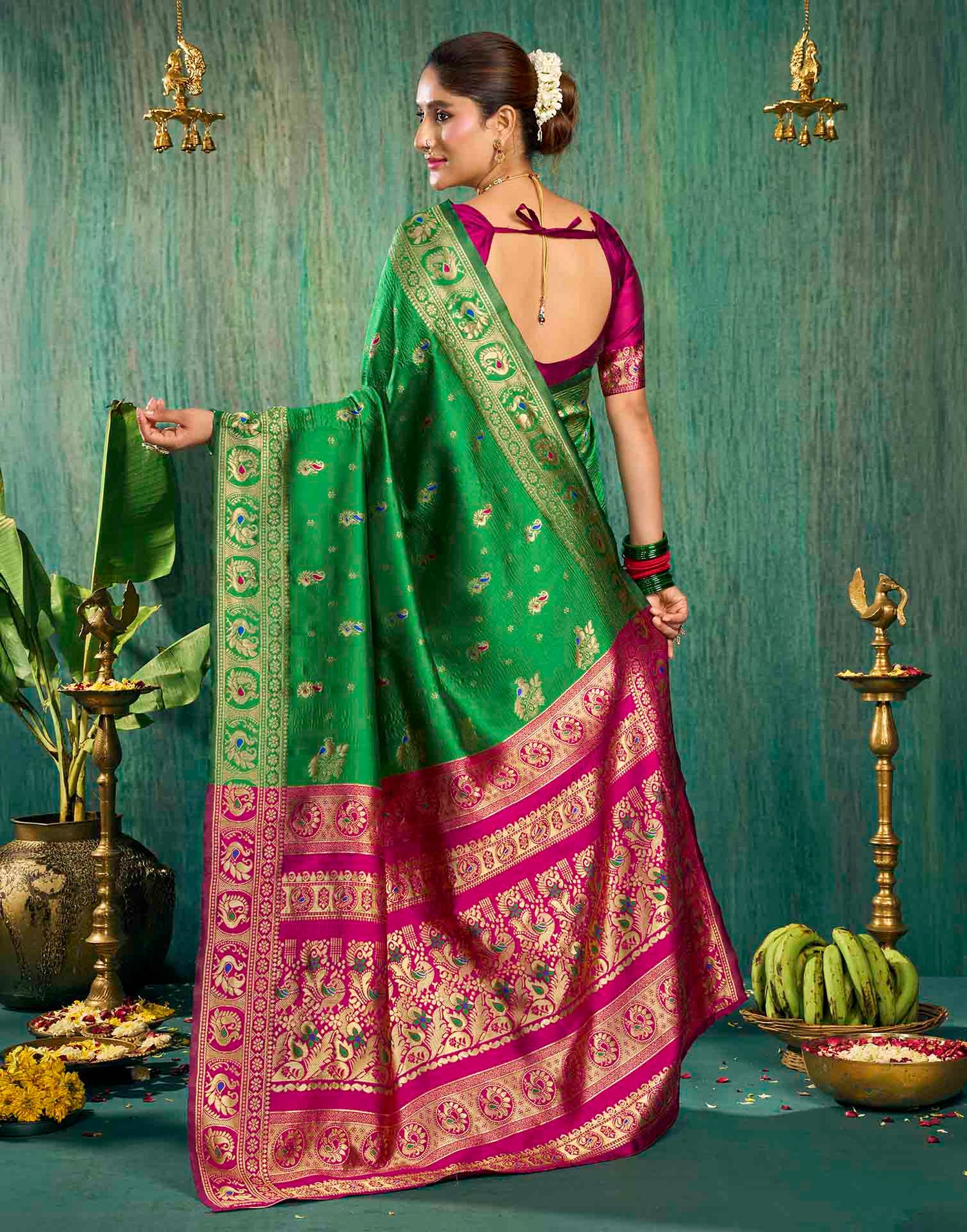 Parrot Green Silk Woven Paithani Saree