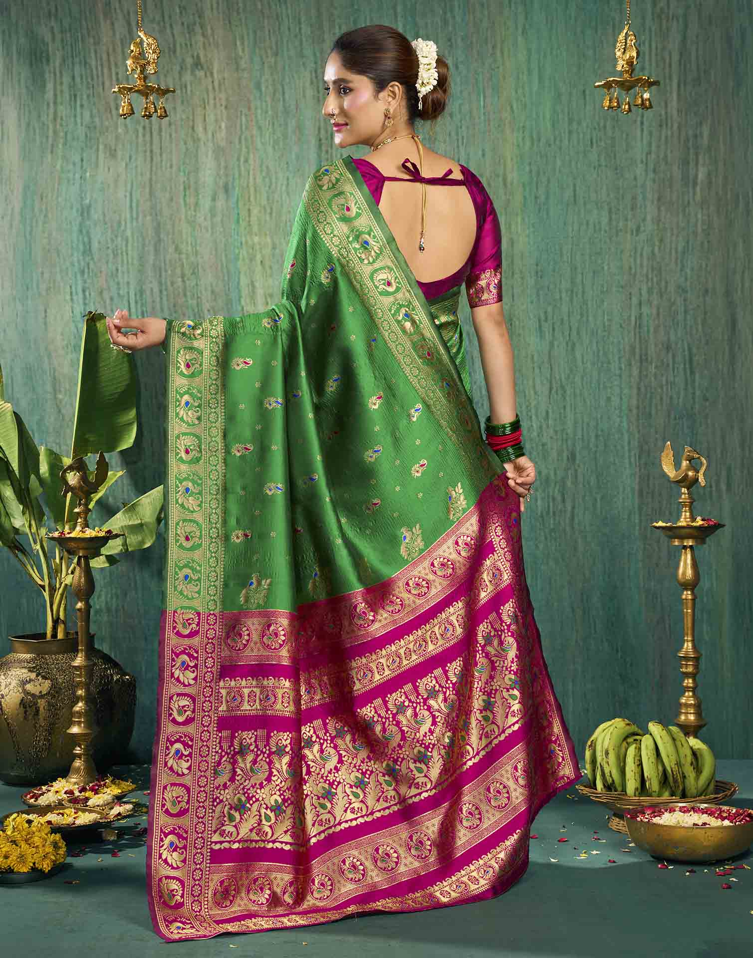 Parrot Green Silk Woven Paithani Saree