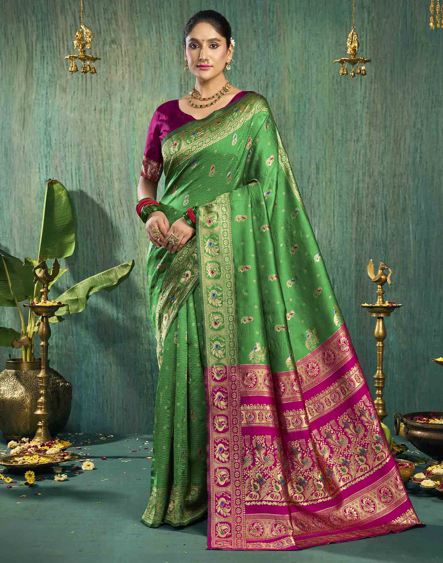 Parrot Green Silk Woven Paithani Saree