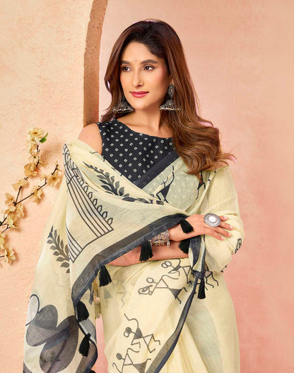 Cream Cotton Printed Printed Saree