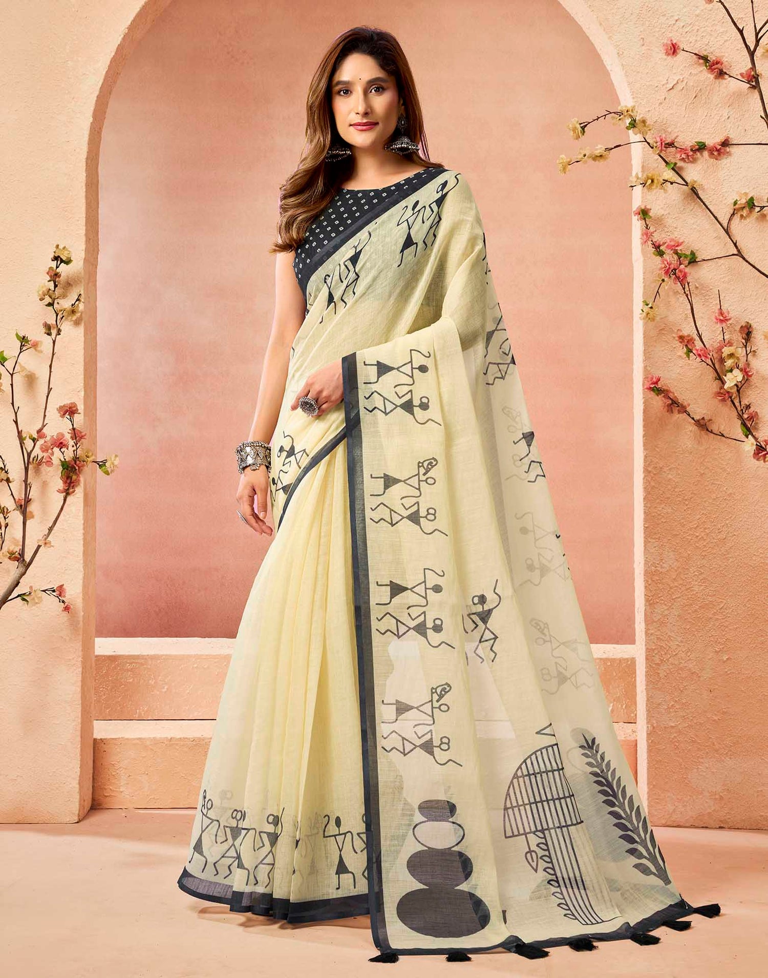 Cream Cotton Printed Printed Saree
